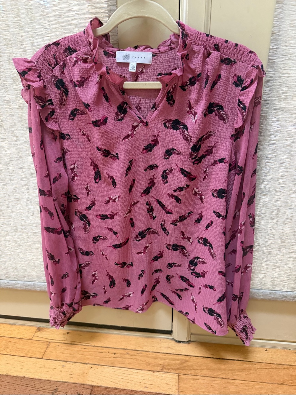 Fever Pink Printed Ruffle-Neck Long Sleeve Blouse